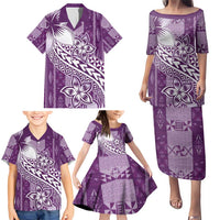 Tonga Kupesi Ngatu Family Matching Puletasi and Hawaiian Shirt Vintage Purple Plumeria