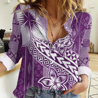 Tonga Kupesi Ngatu Women Casual Shirt Vintage Purple Plumeria LT05 Female Purple - Polynesian Pride