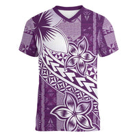 Tonga Kupesi Ngatu Women V-Neck T-Shirt Vintage Purple Plumeria