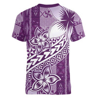 Tonga Kupesi Ngatu Women V-Neck T-Shirt Vintage Purple Plumeria