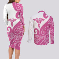 Personalised New Zealand Nurse Couples Matching Long Sleeve Bodycon Dress and Long Sleeve Button Shirt Maori Koru Pink Version