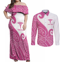 Personalised New Zealand Nurse Couples Matching Off Shoulder Maxi Dress and Long Sleeve Button Shirt Maori Koru Pink Version LT05 Pink - Polynesian Pride