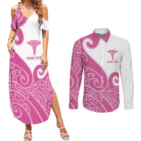Personalised New Zealand Nurse Couples Matching Summer Maxi Dress and Long Sleeve Button Shirt Maori Koru Pink Version LT05 Pink - Polynesian Pride
