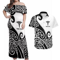 Personalised New Zealand Nurse Couples Matching Off Shoulder Maxi Dress and Hawaiian Shirt Maori Koru Black Version LT05 Black - Polynesian Pride