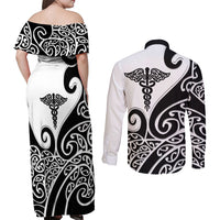 Personalised New Zealand Nurse Couples Matching Off Shoulder Maxi Dress and Long Sleeve Button Shirt Maori Koru Black Version LT05 - Polynesian Pride