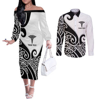 Personalised New Zealand Nurse Couples Matching Off The Shoulder Long Sleeve Dress and Long Sleeve Button Shirt Maori Koru Black Version LT05 Black - Polynesian Pride