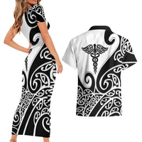 Personalised New Zealand Nurse Couples Matching Short Sleeve Bodycon Dress and Hawaiian Shirt Maori Koru Black Version