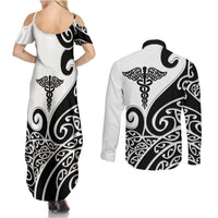 Personalised New Zealand Nurse Couples Matching Summer Maxi Dress and Long Sleeve Button Shirt Maori Koru Black Version LT05 - Polynesian Pride