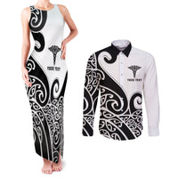 Personalised New Zealand Nurse Couples Matching Tank Maxi Dress and Long Sleeve Button Shirt Maori Koru Black Version LT05 Black - Polynesian Pride