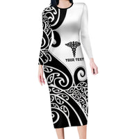 Personalised New Zealand Nurse Family Matching Long Sleeve Bodycon Dress and Hawaiian Shirt Maori Koru Black Version LT05 Mom's Dress Black - Polynesian Pride