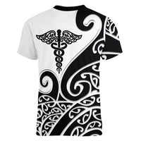 Personalised New Zealand Nurse Women V-Neck T-Shirt Maori Koru Black Version LT05 - Polynesian Pride