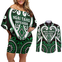 Custom Aotearoa Ngai Tahu Couples Matching Off Shoulder Short Dress and Long Sleeve Button Shirt Maori Tribal Pattern