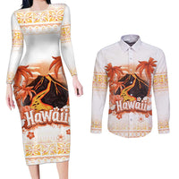 Hawaiian Volcano Lava Flow Couples Matching Long Sleeve Bodycon Dress and Long Sleeve Button Shirt With Hawaiian Tapa Pattern