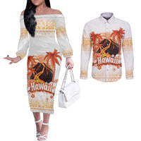 Hawaiian Volcano Lava Flow Couples Matching Off The Shoulder Long Sleeve Dress and Long Sleeve Button Shirt With Hawaiian Tapa Pattern LT05 Orange - Polynesian Pride