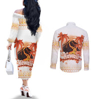 Hawaiian Volcano Lava Flow Couples Matching Off The Shoulder Long Sleeve Dress and Long Sleeve Button Shirt With Hawaiian Tapa Pattern LT05 - Polynesian Pride