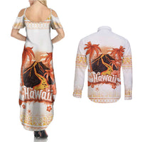 Hawaiian Volcano Lava Flow Couples Matching Summer Maxi Dress and Long Sleeve Button Shirt With Hawaiian Tapa Pattern