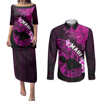 Hawaii Maui Couples Matching Puletasi Dress and Long Sleeve Button Shirts Polynesian Fish Hook Hibiscus Pink Version LT05 Pink - Polynesian Pride