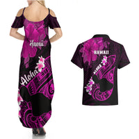 Hawaii Maui Couples Matching Summer Maxi Dress and Hawaiian Shirt Polynesian Fish Hook Hibiscus Pink Version LT05 - Polynesian Pride