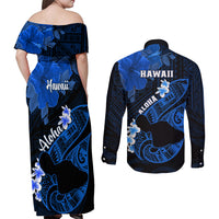 Hawaii Maui Couples Matching Off Shoulder Maxi Dress and Long Sleeve Button Shirts Polynesian Fish Hook Hibiscus Blue Version LT05 - Polynesian Pride