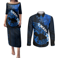 Hawaii Maui Couples Matching Puletasi Dress and Long Sleeve Button Shirts Polynesian Fish Hook Hibiscus Blue Version LT05 Blue - Polynesian Pride