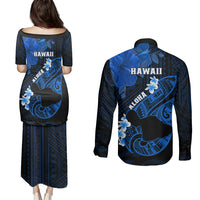 Hawaii Maui Couples Matching Puletasi Dress and Long Sleeve Button Shirts Polynesian Fish Hook Hibiscus Blue Version LT05 - Polynesian Pride