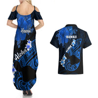 Hawaii Maui Couples Matching Summer Maxi Dress and Hawaiian Shirt Polynesian Fish Hook Hibiscus Blue Version LT05 - Polynesian Pride