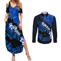 Hawaii Maui Couples Matching Summer Maxi Dress and Long Sleeve Button Shirts Polynesian Fish Hook Hibiscus Blue Version LT05 Blue - Polynesian Pride