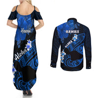 Hawaii Maui Couples Matching Summer Maxi Dress and Long Sleeve Button Shirts Polynesian Fish Hook Hibiscus Blue Version LT05 - Polynesian Pride