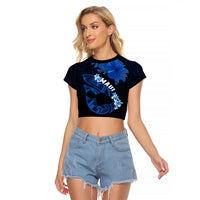 Hawaii Maui Raglan Cropped T Shirt Polynesian Fish Hook Hibiscus Blue Version LT05 Female Blue - Polynesian Pride
