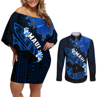 Personalized Hawaii Maui Couples Matching Off Shoulder Short Dress and Long Sleeve Button Shirts Polynesian Fish Hook Hibiscus Blue Version LT05 Blue - Polynesian Pride