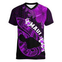 Hawaii Maui Women V Neck T Shirt Polynesian Fish Hook Hibiscus Purple Version LT05 Female Purple - Polynesian Pride
