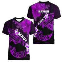 Hawaii Maui Women V Neck T Shirt Polynesian Fish Hook Hibiscus Purple Version LT05 - Polynesian Pride