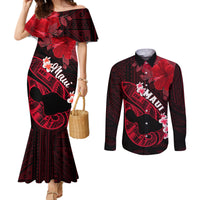Personalized Hawaii Maui Couples Matching Mermaid Dress and Long Sleeve Button Shirts Polynesian Fish Hook Hibiscus Red Version LT05 Red - Polynesian Pride