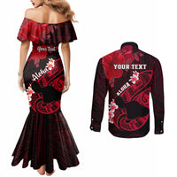 Personalized Hawaii Maui Couples Matching Mermaid Dress and Long Sleeve Button Shirts Polynesian Fish Hook Hibiscus Red Version LT05 - Polynesian Pride