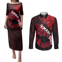 Personalized Hawaii Maui Couples Matching Puletasi Dress and Long Sleeve Button Shirts Polynesian Fish Hook Hibiscus Red Version LT05 Red - Polynesian Pride