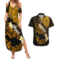 Hawaii Maui Couples Matching Summer Maxi Dress and Hawaiian Shirt Polynesian Fish Hook Hibiscus Gold Version LT05 Gold - Polynesian Pride