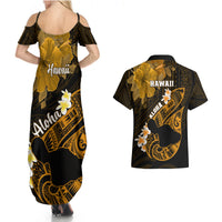 Hawaii Maui Couples Matching Summer Maxi Dress and Hawaiian Shirt Polynesian Fish Hook Hibiscus Gold Version LT05 - Polynesian Pride