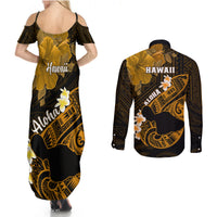 Hawaii Maui Couples Matching Summer Maxi Dress and Long Sleeve Button Shirts Polynesian Fish Hook Hibiscus Gold Version LT05 - Polynesian Pride