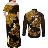 Personalized Hawaii Maui Couples Matching Off Shoulder Maxi Dress and Long Sleeve Button Shirts Polynesian Fish Hook Hibiscus Gold Version LT05 - Polynesian Pride
