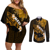 Personalized Hawaii Maui Couples Matching Off Shoulder Short Dress and Long Sleeve Button Shirts Polynesian Fish Hook Hibiscus Gold Version LT05 Gold - Polynesian Pride