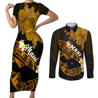Personalized Hawaii Maui Couples Matching Short Sleeve Bodycon Dress and Long Sleeve Button Shirts Polynesian Fish Hook Hibiscus Gold Version LT05 Gold - Polynesian Pride