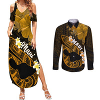 Personalized Hawaii Maui Couples Matching Summer Maxi Dress and Long Sleeve Button Shirts Polynesian Fish Hook Hibiscus Gold Version LT05 Gold - Polynesian Pride