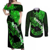 Hawaii Maui Couples Matching Off Shoulder Maxi Dress and Long Sleeve Button Shirts Polynesian Fish Hook Hibiscus Green Version LT05 Green - Polynesian Pride