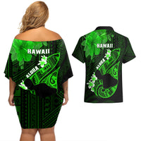 Hawaii Maui Couples Matching Off Shoulder Short Dress and Hawaiian Shirt Polynesian Fish Hook Hibiscus Green Version LT05 - Polynesian Pride