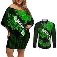 Hawaii Maui Couples Matching Off Shoulder Short Dress and Long Sleeve Button Shirts Polynesian Fish Hook Hibiscus Green Version LT05 Green - Polynesian Pride