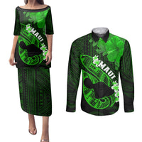 Hawaii Maui Couples Matching Puletasi Dress and Long Sleeve Button Shirts Polynesian Fish Hook Hibiscus Green Version LT05 Green - Polynesian Pride