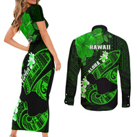 Hawaii Maui Couples Matching Short Sleeve Bodycon Dress and Long Sleeve Button Shirts Polynesian Fish Hook Hibiscus Green Version LT05 - Polynesian Pride