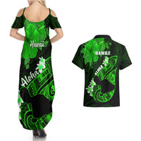 Hawaii Maui Couples Matching Summer Maxi Dress and Hawaiian Shirt Polynesian Fish Hook Hibiscus Green Version LT05 - Polynesian Pride