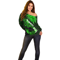 Hawaii Maui Off Shoulder Sweater Polynesian Fish Hook Hibiscus Green Version LT05 - Polynesian Pride