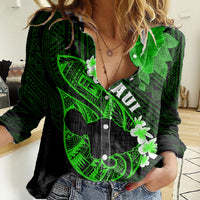 Hawaii Maui Women Casual Shirt Polynesian Fish Hook Hibiscus Green Version LT05 Female Green - Polynesian Pride